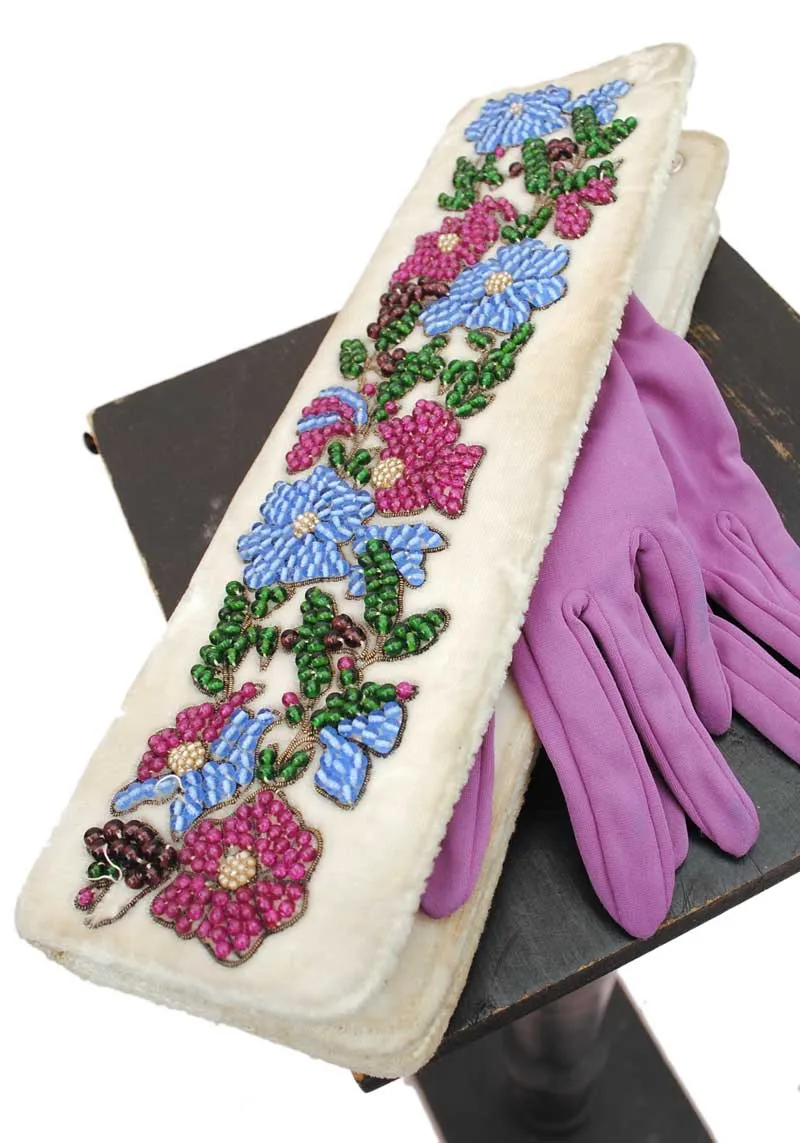 1940s Vintage Velvet Beaded Envelope Clutch Bag • Evening Glove Purse