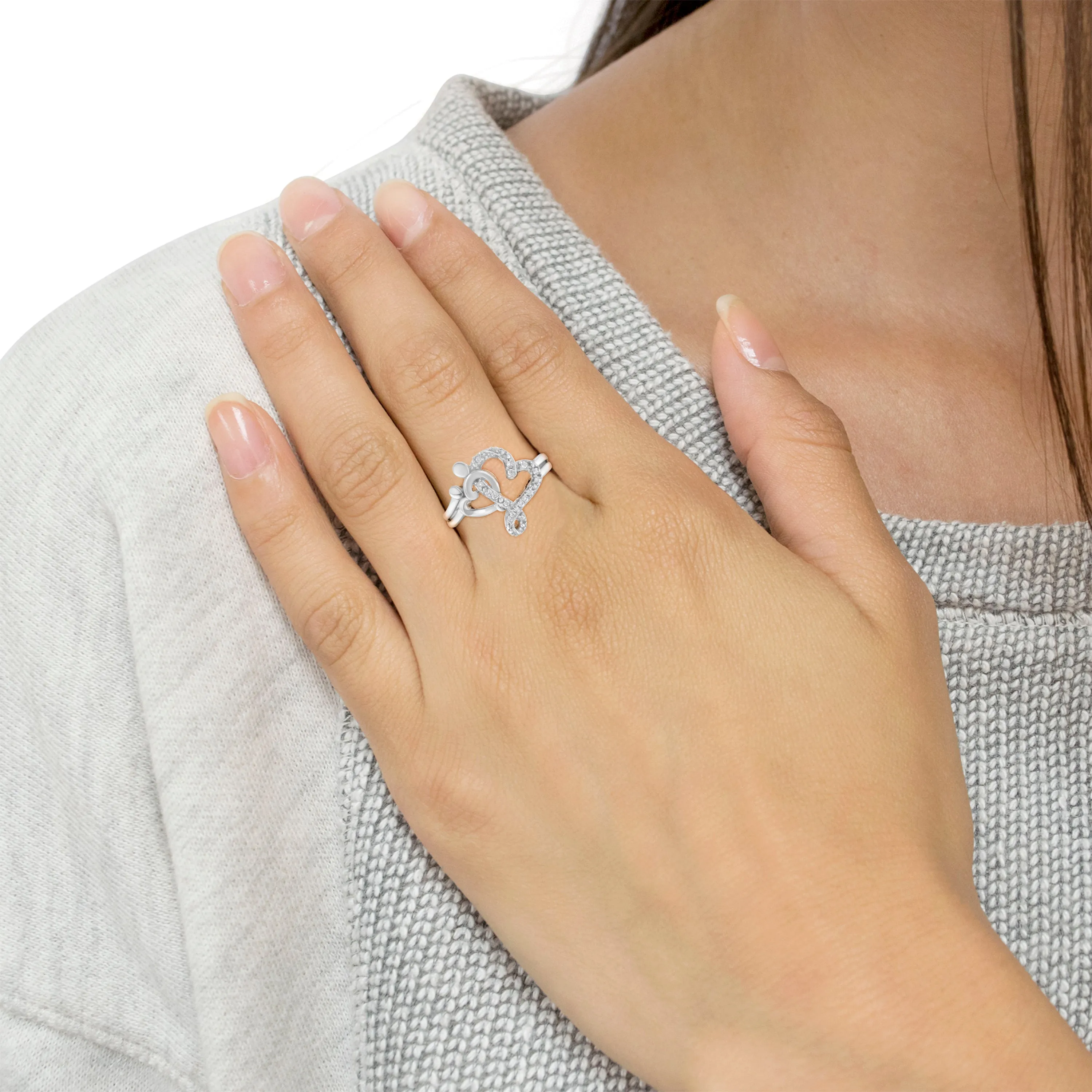 .925 Sterling Silver Diamond Heart and Music Note Ring