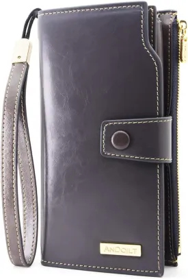 ANDOILT Women's RFID Blocking Large Capacity Luxury Wax Genuine Leather Clutch Wallet Card Holder Organizer Ladies Purse