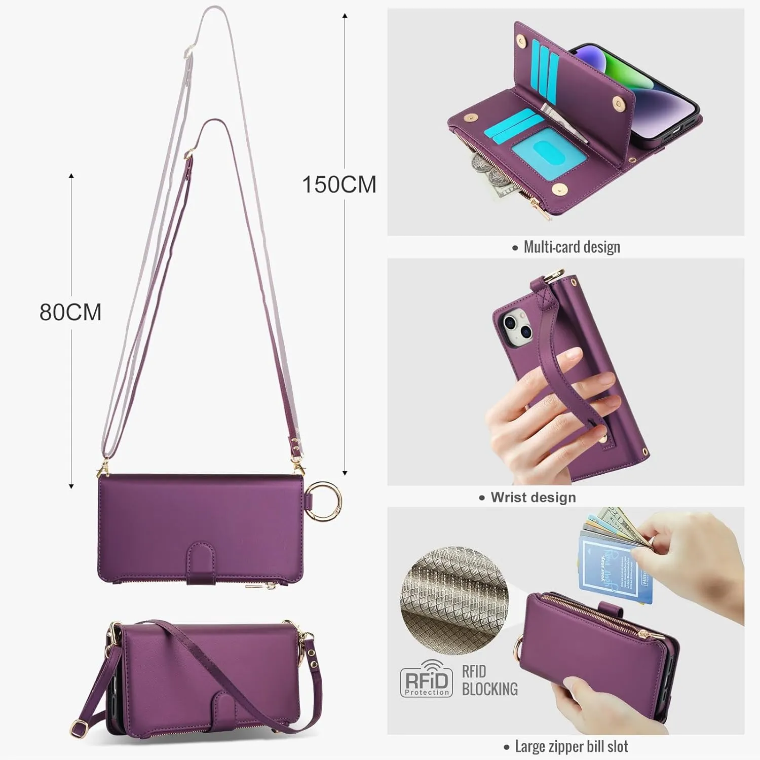 Asuwish Phone Case for iPhone 12 Mini 5.4 Zipper Wallet with Tempered Glass Screen Protector Crossbody Strap Card Holder Stand Flip Cell Cover iPhone12mini 5G i 12s iPhone12 12mini Women Deep Purple