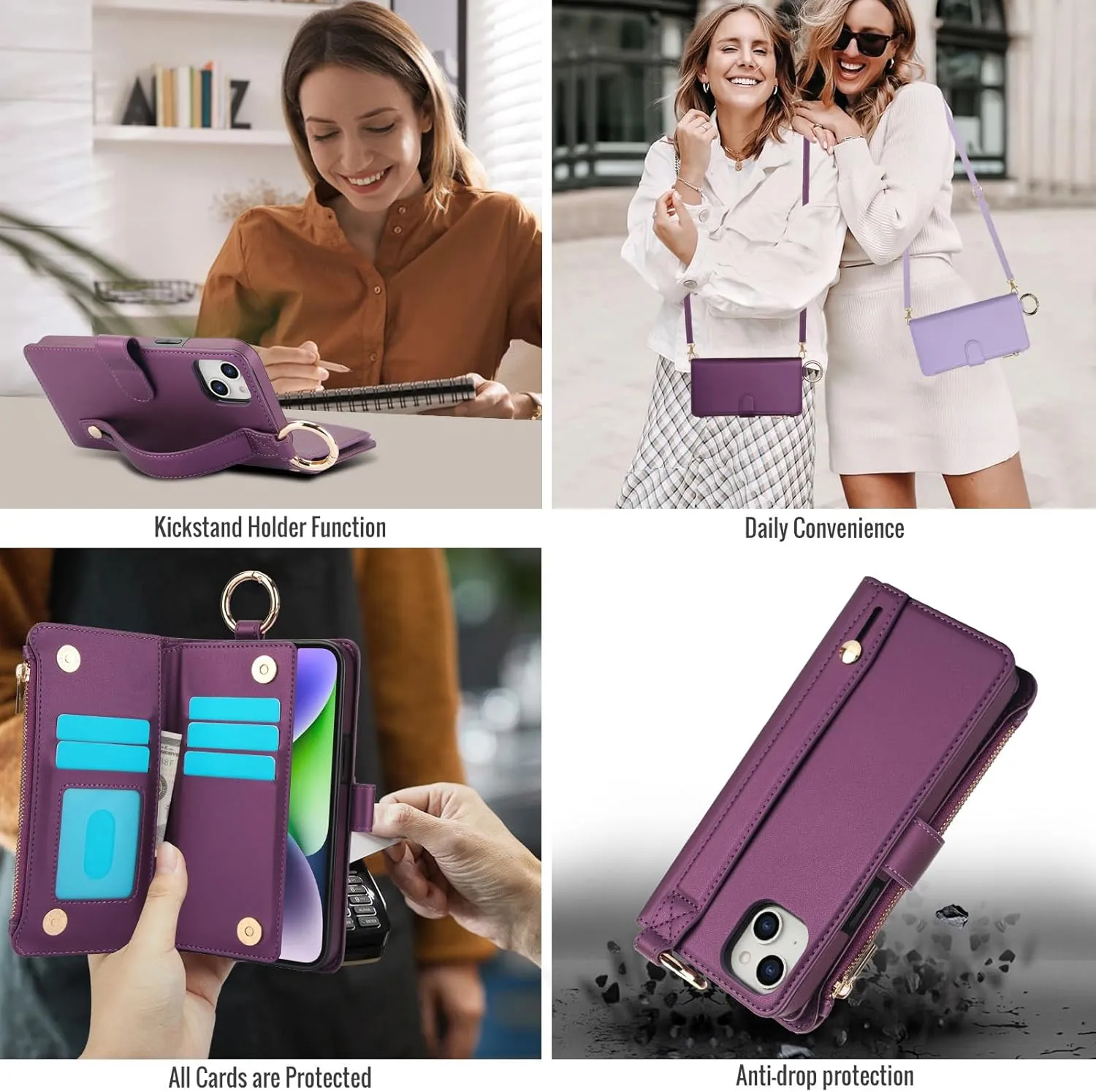 Asuwish Phone Case for iPhone 12 Mini 5.4 Zipper Wallet with Tempered Glass Screen Protector Crossbody Strap Card Holder Stand Flip Cell Cover iPhone12mini 5G i 12s iPhone12 12mini Women Deep Purple
