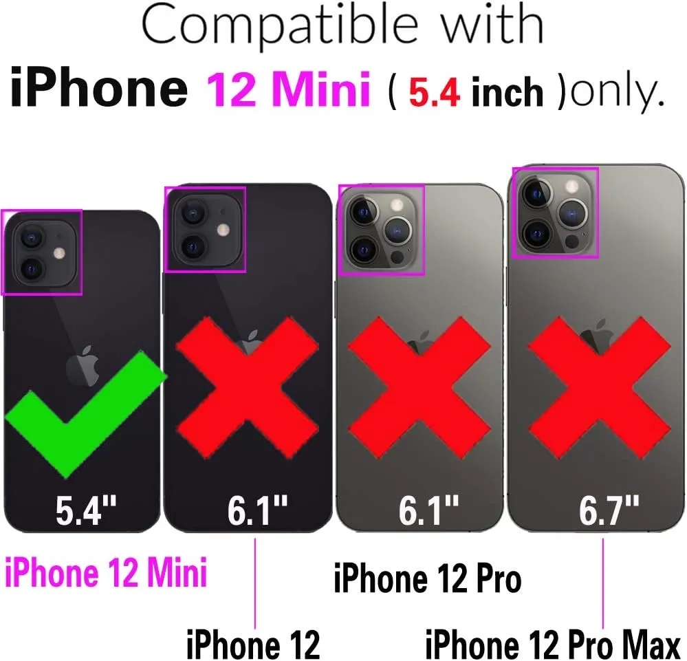 Asuwish Phone Case for iPhone 12 Mini 5.4 Zipper Wallet with Tempered Glass Screen Protector Crossbody Strap Card Holder Stand Flip Cell Cover iPhone12mini 5G i 12s iPhone12 12mini Women Deep Purple