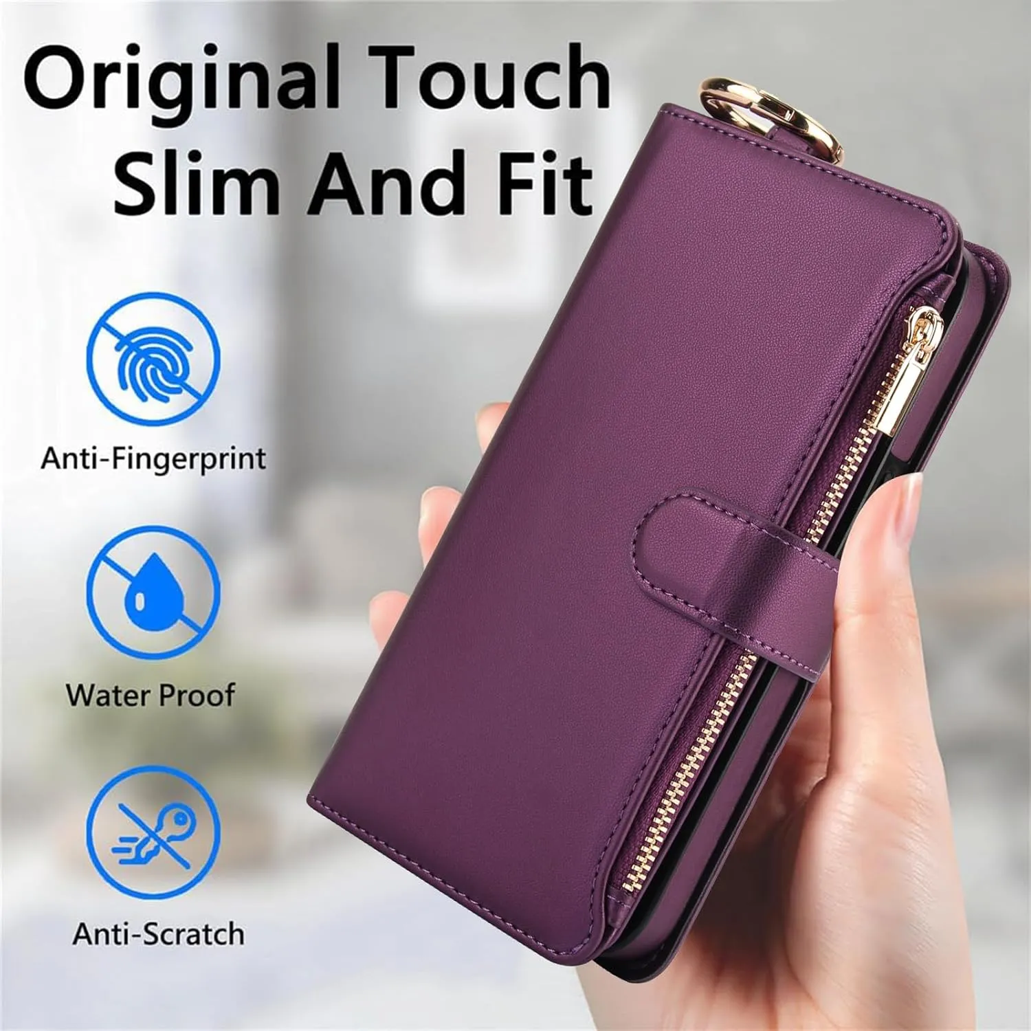 Asuwish Phone Case for iPhone 12 Mini 5.4 Zipper Wallet with Tempered Glass Screen Protector Crossbody Strap Card Holder Stand Flip Cell Cover iPhone12mini 5G i 12s iPhone12 12mini Women Deep Purple