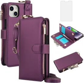 Asuwish Phone Case for iPhone 12 Mini 5.4 Zipper Wallet with Tempered Glass Screen Protector Crossbody Strap Card Holder Stand Flip Cell Cover iPhone12mini 5G i 12s iPhone12 12mini Women Deep Purple