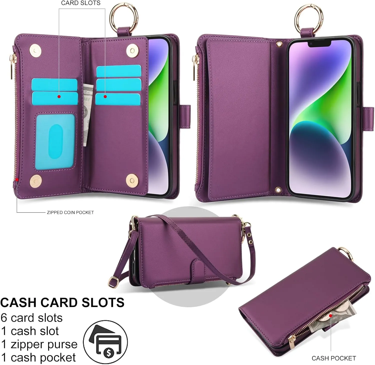 Asuwish Phone Case for iPhone 12 Mini 5.4 Zipper Wallet with Tempered Glass Screen Protector Crossbody Strap Card Holder Stand Flip Cell Cover iPhone12mini 5G i 12s iPhone12 12mini Women Deep Purple