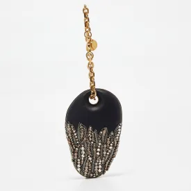 Black Leather Embellished Clam Chain Clutch