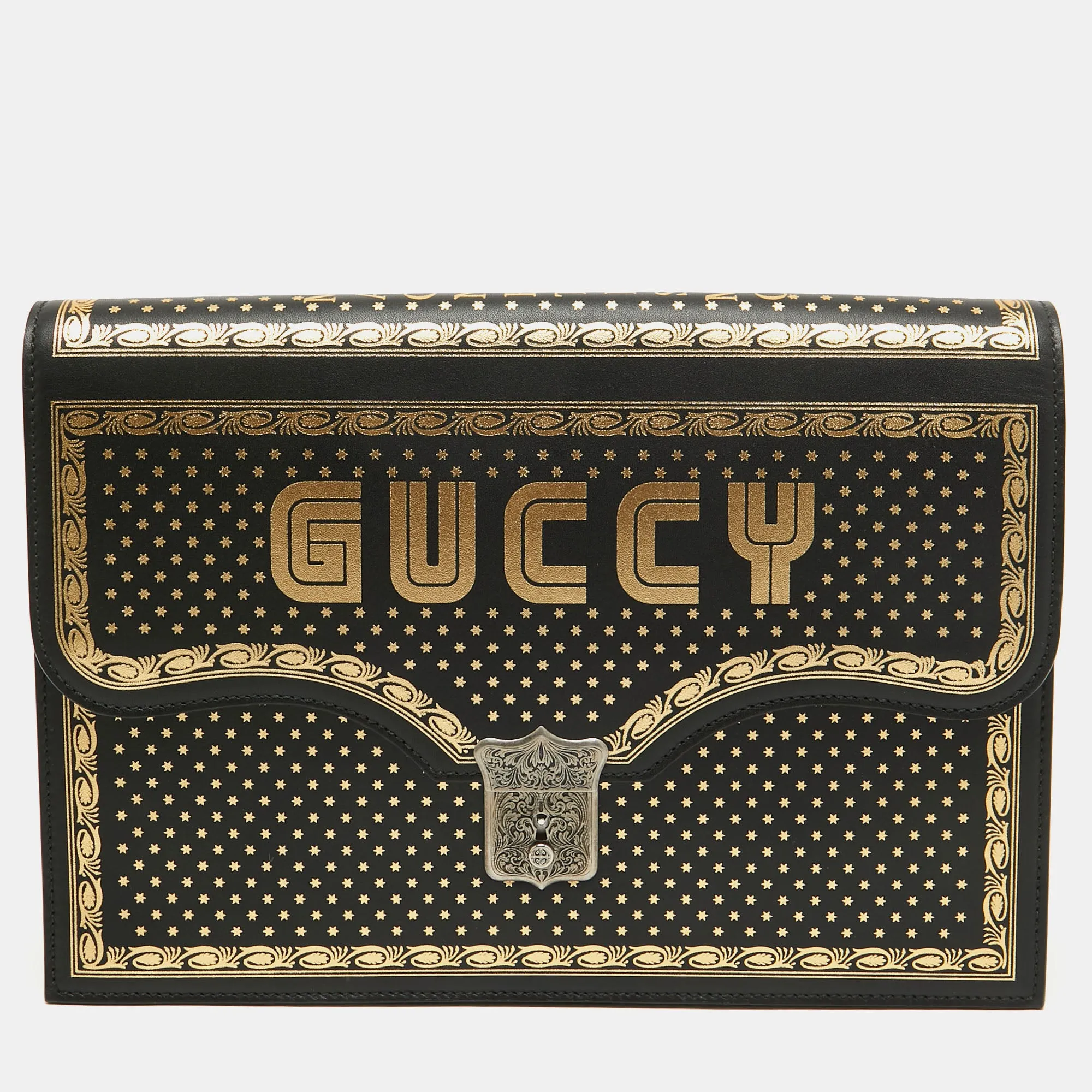 Black/Gold Leather Printed GUCCY Portfolio Clutch