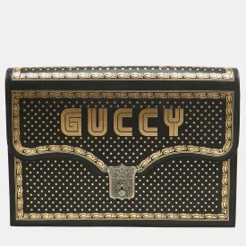 Black/Gold Leather Printed GUCCY Portfolio Clutch