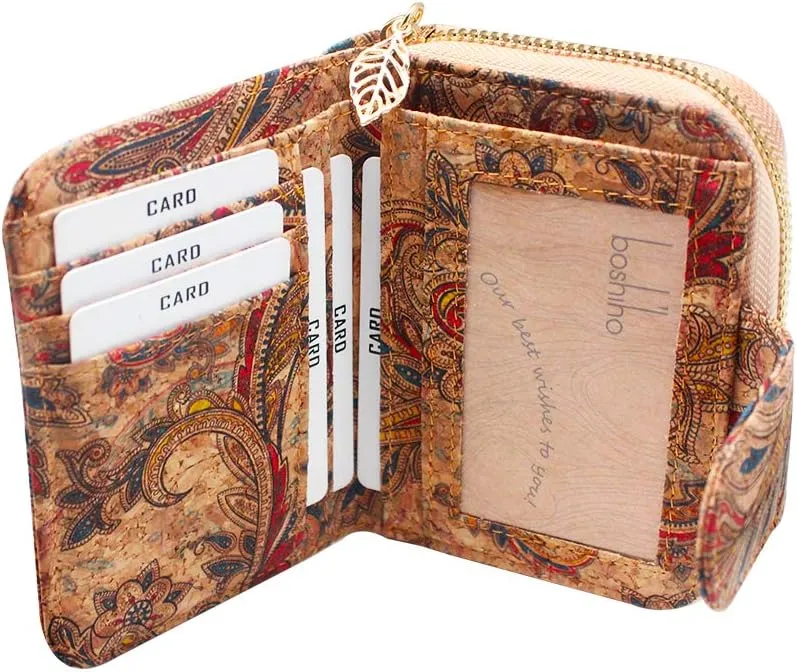 boshiho Vegan Cork Wallet, Womens Purse Slim Zipper Design with Card Holder Coin Pocket Purse Eco-friendly Vegan Gift