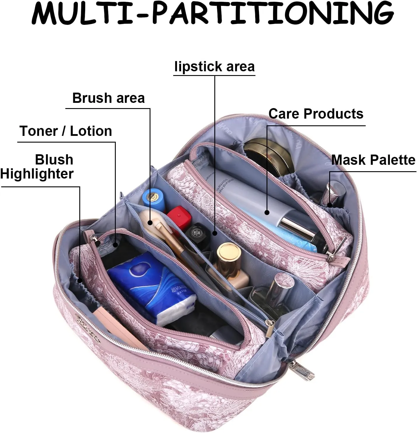 BOYATU Makeup Bag Travel Cosmetic Case: Large Capacity Open Flat Cosmetic Bag Organizer - Portable Toiletry Bags with Handle for Women(Purple)