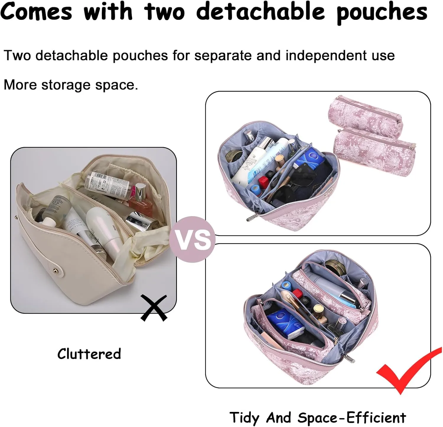 BOYATU Makeup Bag Travel Cosmetic Case: Large Capacity Open Flat Cosmetic Bag Organizer - Portable Toiletry Bags with Handle for Women(Purple)