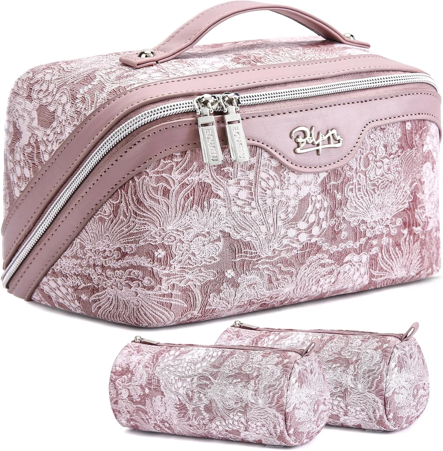 BOYATU Makeup Bag Travel Cosmetic Case: Large Capacity Open Flat Cosmetic Bag Organizer - Portable Toiletry Bags with Handle for Women(Purple)