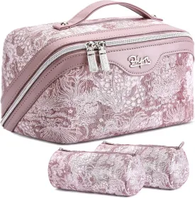 BOYATU Makeup Bag Travel Cosmetic Case: Large Capacity Open Flat Cosmetic Bag Organizer - Portable Toiletry Bags with Handle for Women(Purple)