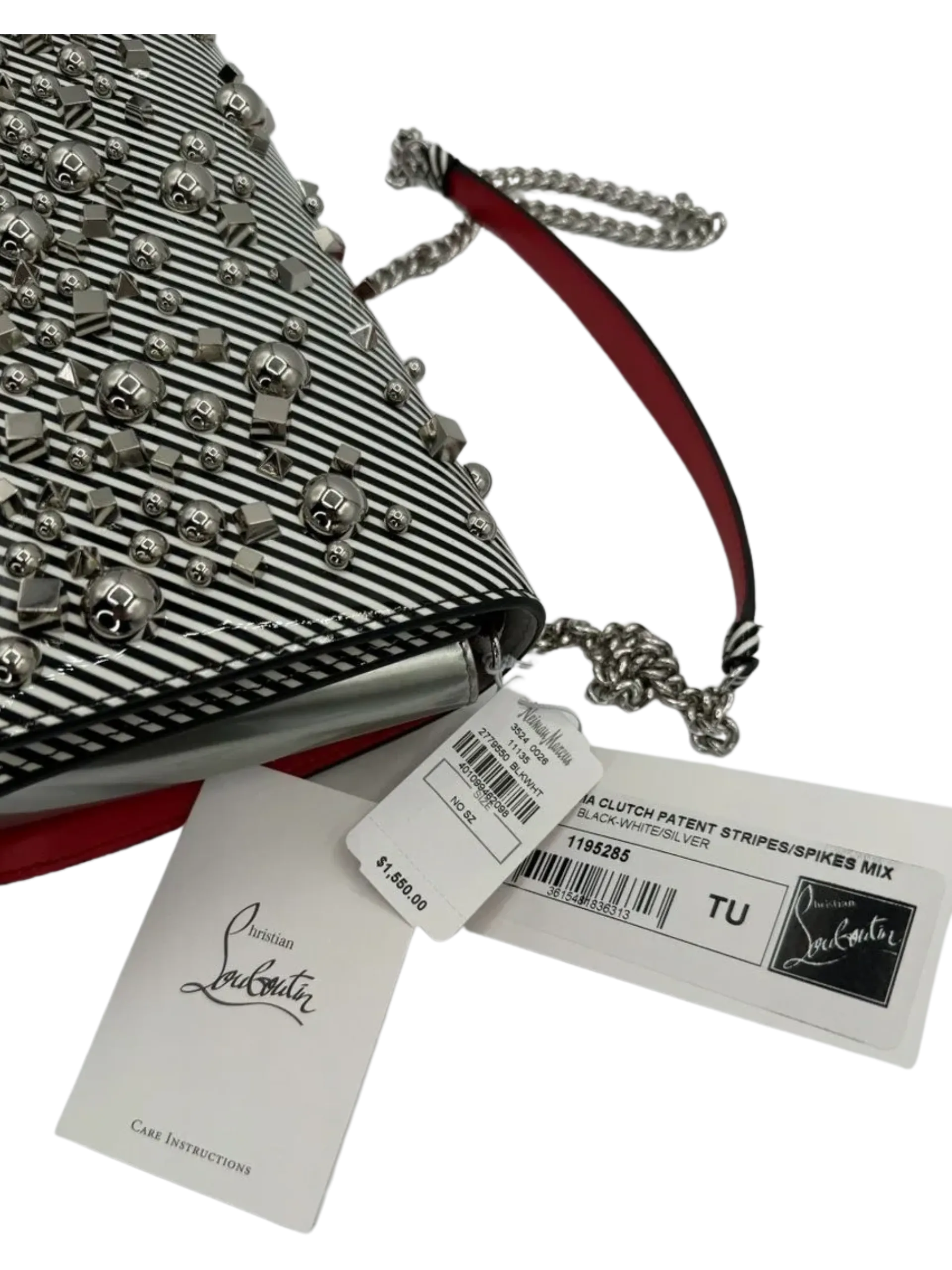 BRAND NEW CHRISTIAN LOUBOUTIN Patent Striped Spikes Paloma Clutch