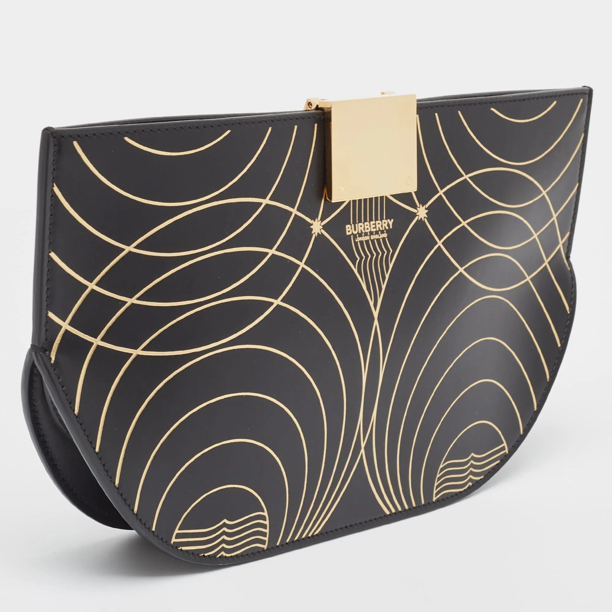 BURBERRY Black/Gold Printed Leather Olympia Wristlet Clutch