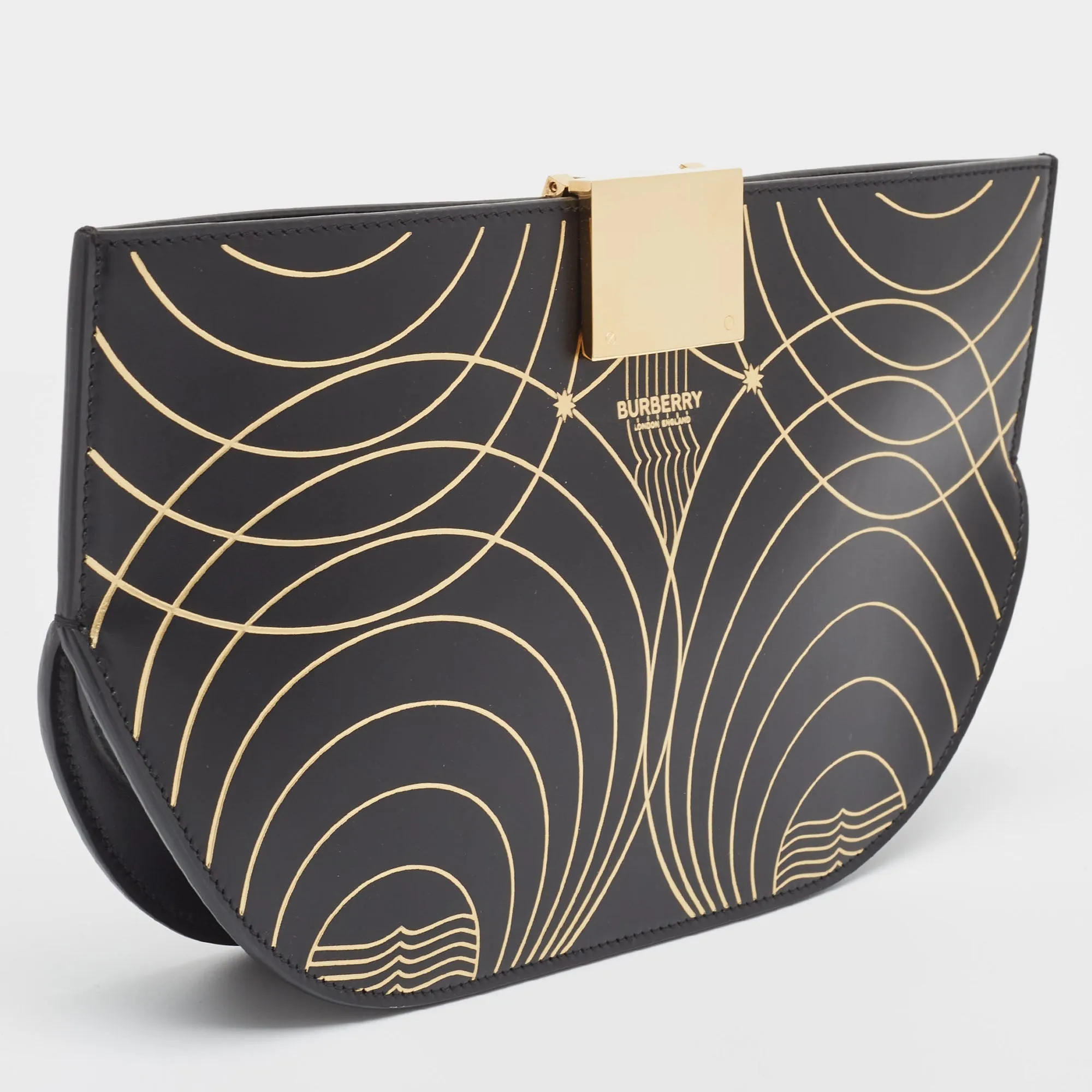 BURBERRY Black/Gold Printed Leather Olympia Wristlet Clutch