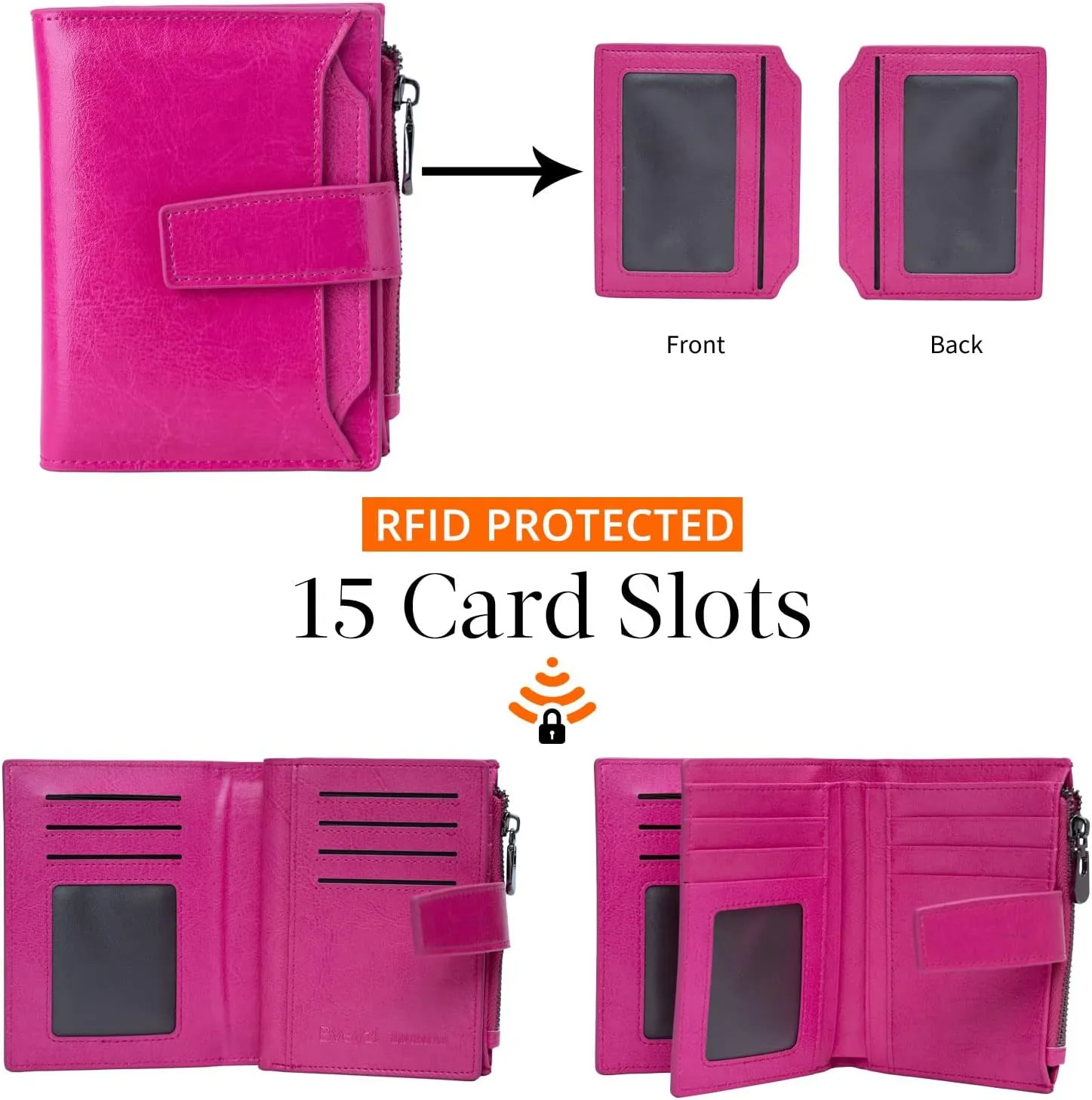 Bveyzi Women's Small Leather RFID Blocking Bifold Zipper Pocket Wallet Ladies Credit Card Slots Purse with id Window