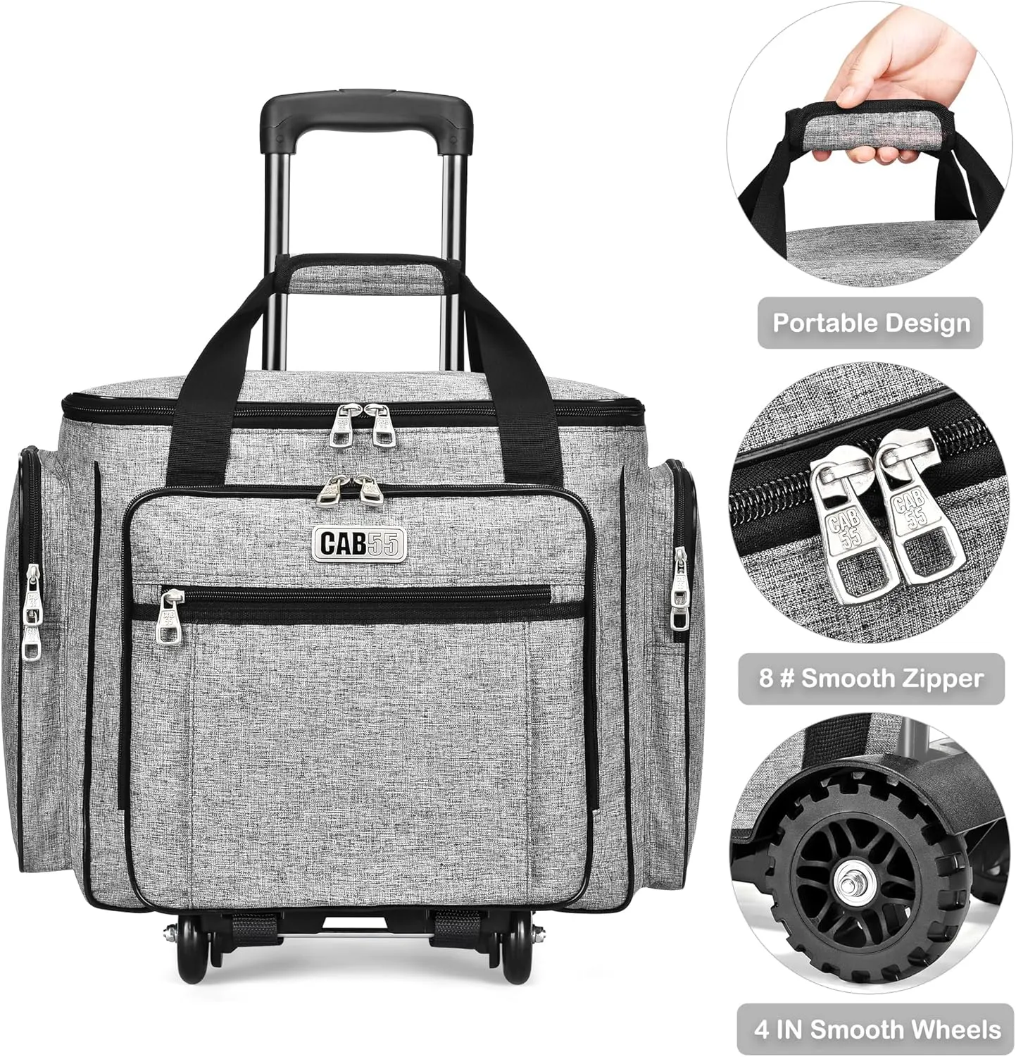CAB55 Rolling Craft Bag, Rolling Tote Bag with Wheels for Women, Rolling Teacher Bag with Removable Folding Hand Truck (Grey)