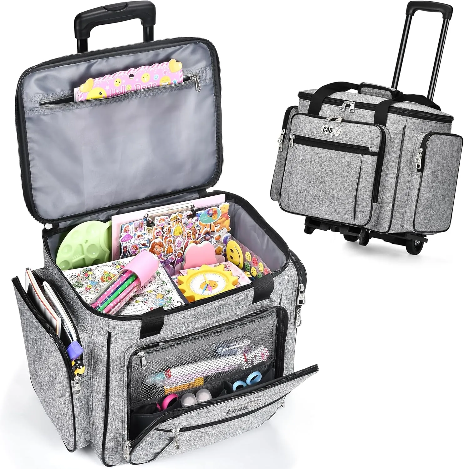 CAB55 Rolling Craft Bag, Rolling Tote Bag with Wheels for Women, Rolling Teacher Bag with Removable Folding Hand Truck (Grey)