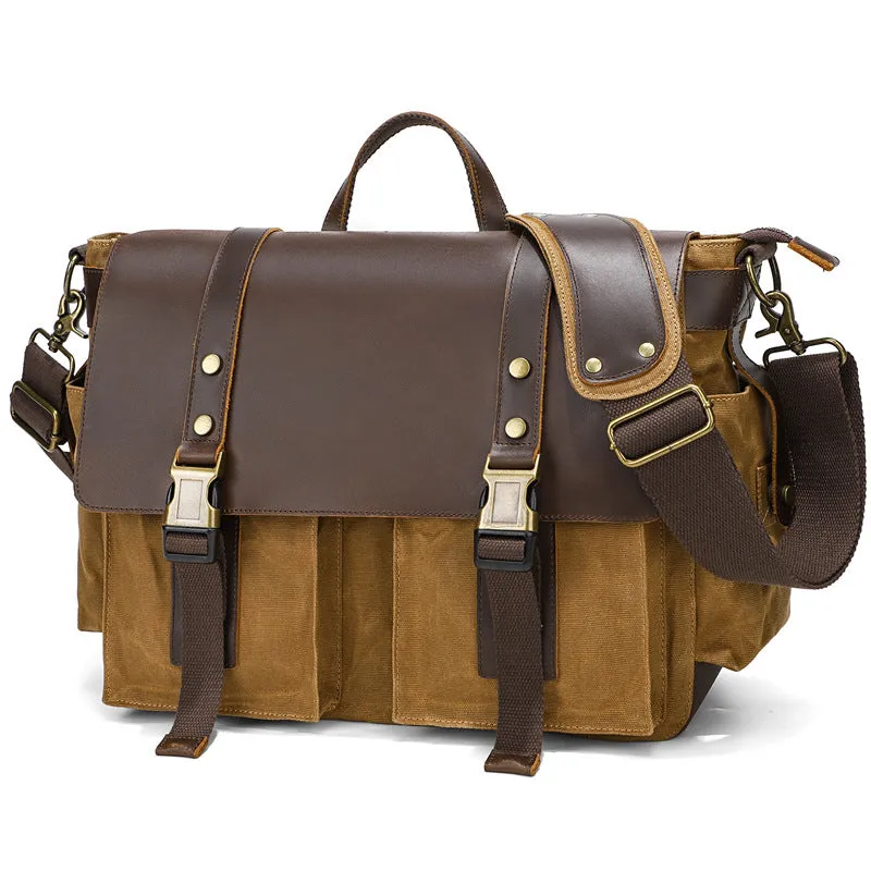 Canvas Messenger Bag Vintage Leather Canvas Briefcase Shoulder Crossbody Bag Laptop Bag Mens Satchel Gift for Him