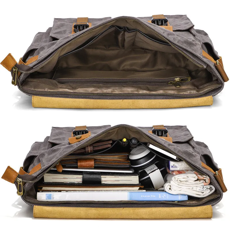 Canvas Messenger Bag Vintage Leather Canvas Briefcase Shoulder Crossbody Bag Laptop Bag Mens Satchel Gift for Him
