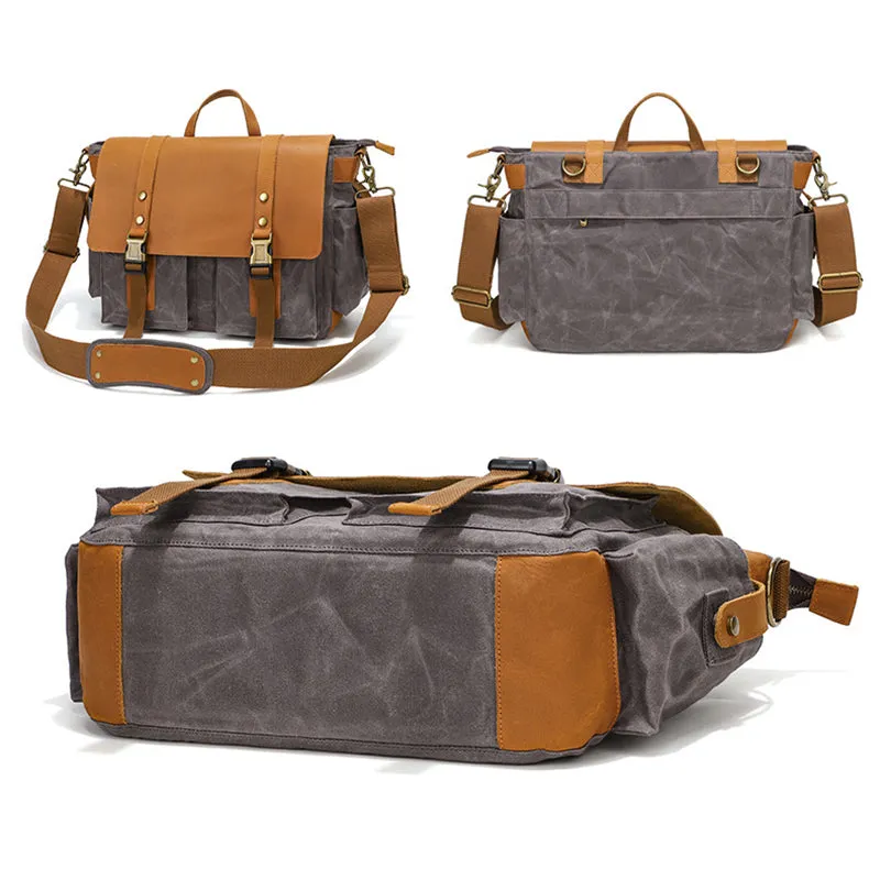 Canvas Messenger Bag Vintage Leather Canvas Briefcase Shoulder Crossbody Bag Laptop Bag Mens Satchel Gift for Him
