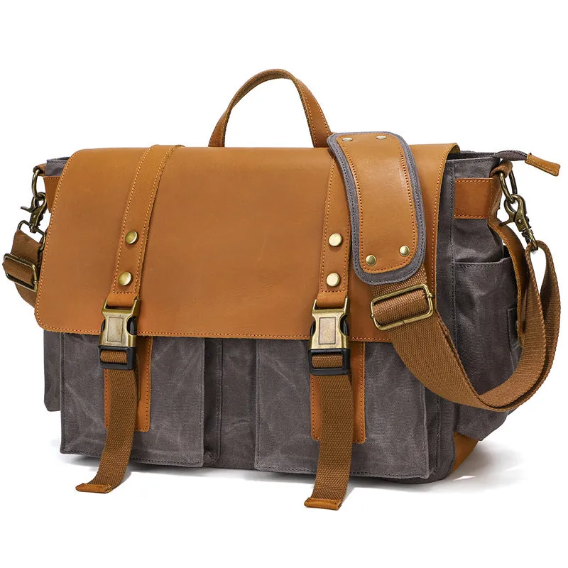 Canvas Messenger Bag Vintage Leather Canvas Briefcase Shoulder Crossbody Bag Laptop Bag Mens Satchel Gift for Him