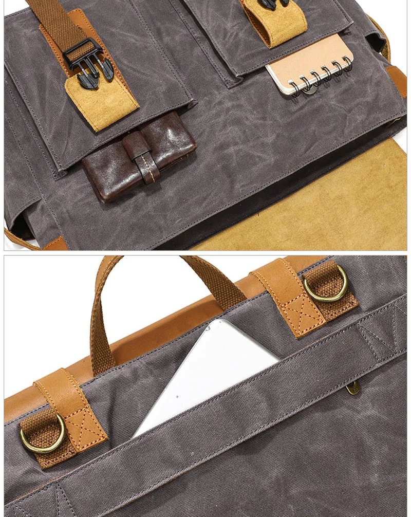 Canvas Messenger Bag Vintage Leather Canvas Briefcase Shoulder Crossbody Bag Laptop Bag Mens Satchel Gift for Him