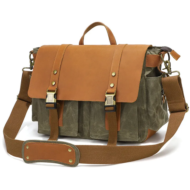 Canvas Messenger Bag Vintage Leather Canvas Briefcase Shoulder Crossbody Bag Laptop Bag Mens Satchel Gift for Him