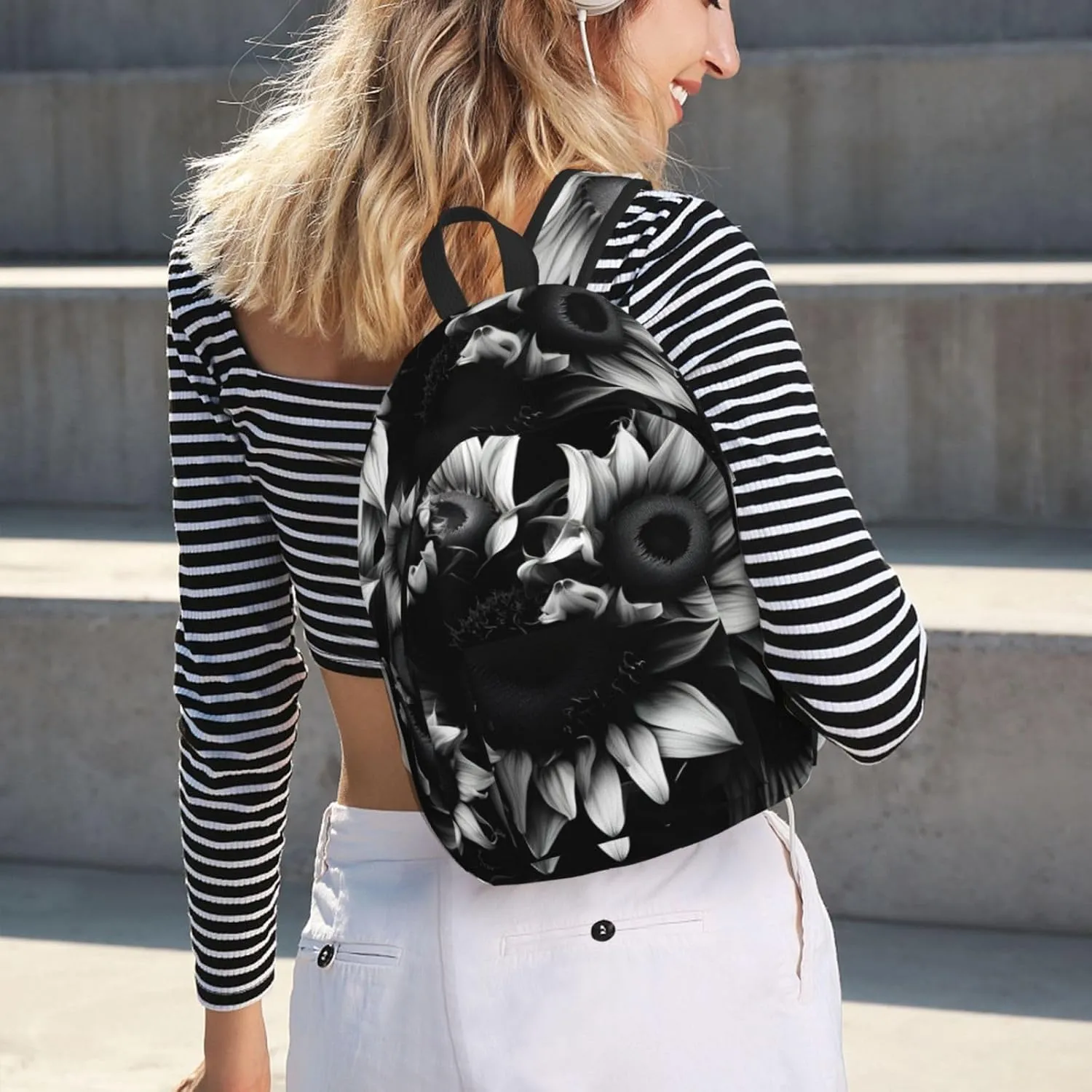 Casual Canvas Backpack, Laptop Rucksack,Shoulder Travel Camping Hiking Backpacks for Men Women-black and white sunflowers