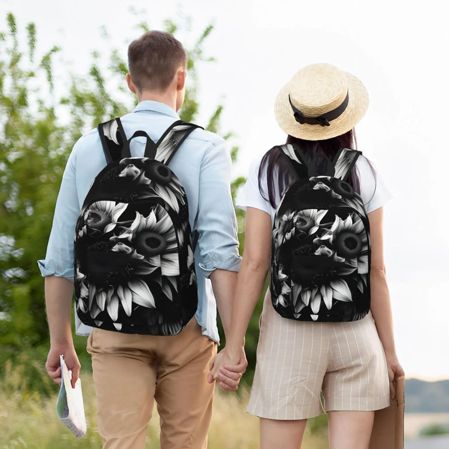 Casual Canvas Backpack, Laptop Rucksack,Shoulder Travel Camping Hiking Backpacks for Men Women-black and white sunflowers