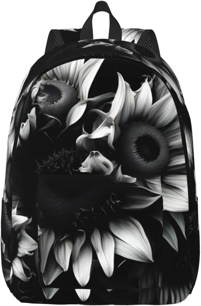 Casual Canvas Backpack, Laptop Rucksack,Shoulder Travel Camping Hiking Backpacks for Men Women-black and white sunflowers