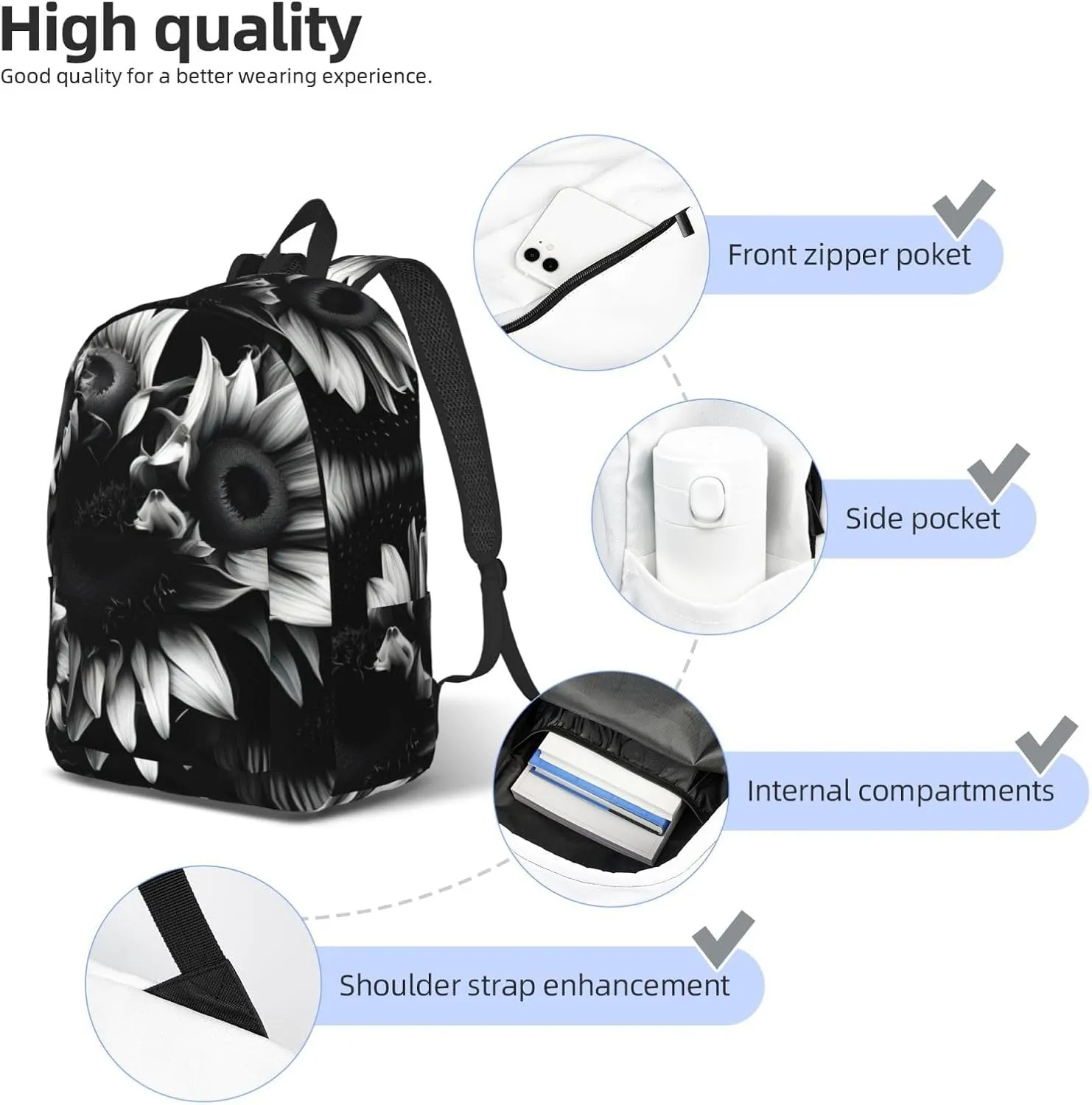 Casual Canvas Backpack, Laptop Rucksack,Shoulder Travel Camping Hiking Backpacks for Men Women-black and white sunflowers