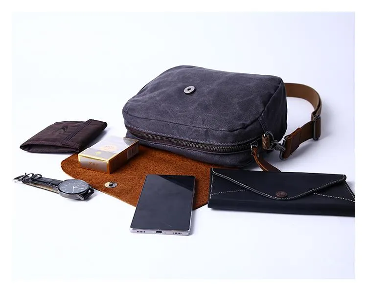 Casual Waxed Canvas Leather Mens MIni Side Bag Gray Courier Bag Messenger Bag for Men