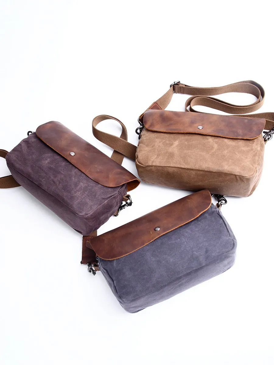 Casual Waxed Canvas Leather Mens MIni Side Bag Gray Courier Bag Messenger Bag for Men