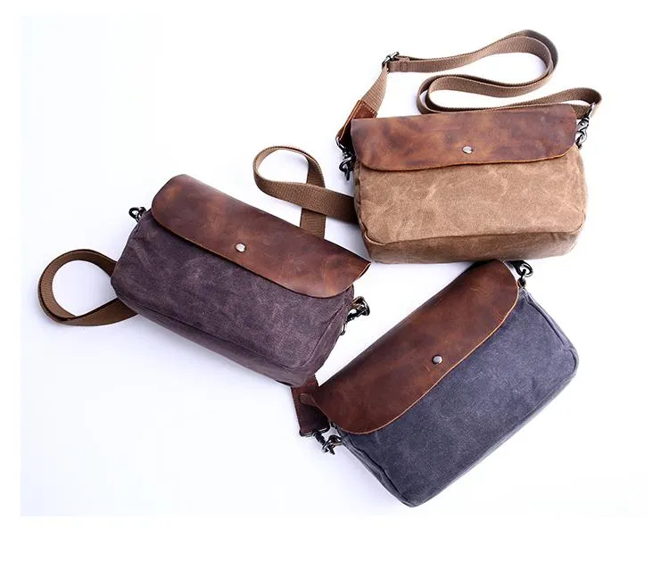 Casual Waxed Canvas Leather Mens MIni Side Bag Gray Courier Bag Messenger Bag for Men