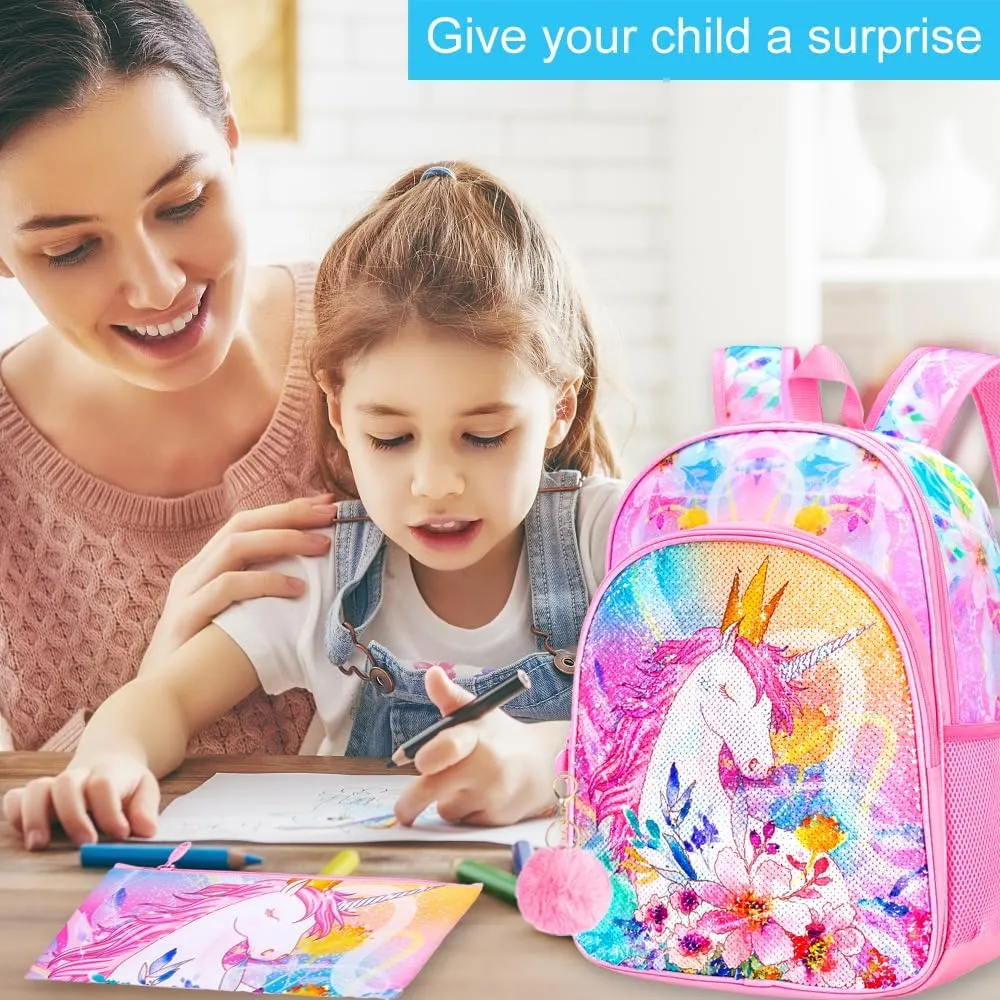CCJPX 3PCS Unicorn Backpack for Girls, 16Kids Preschool Sequin Bookbag and Lunch Box for Kindergarten Elementary