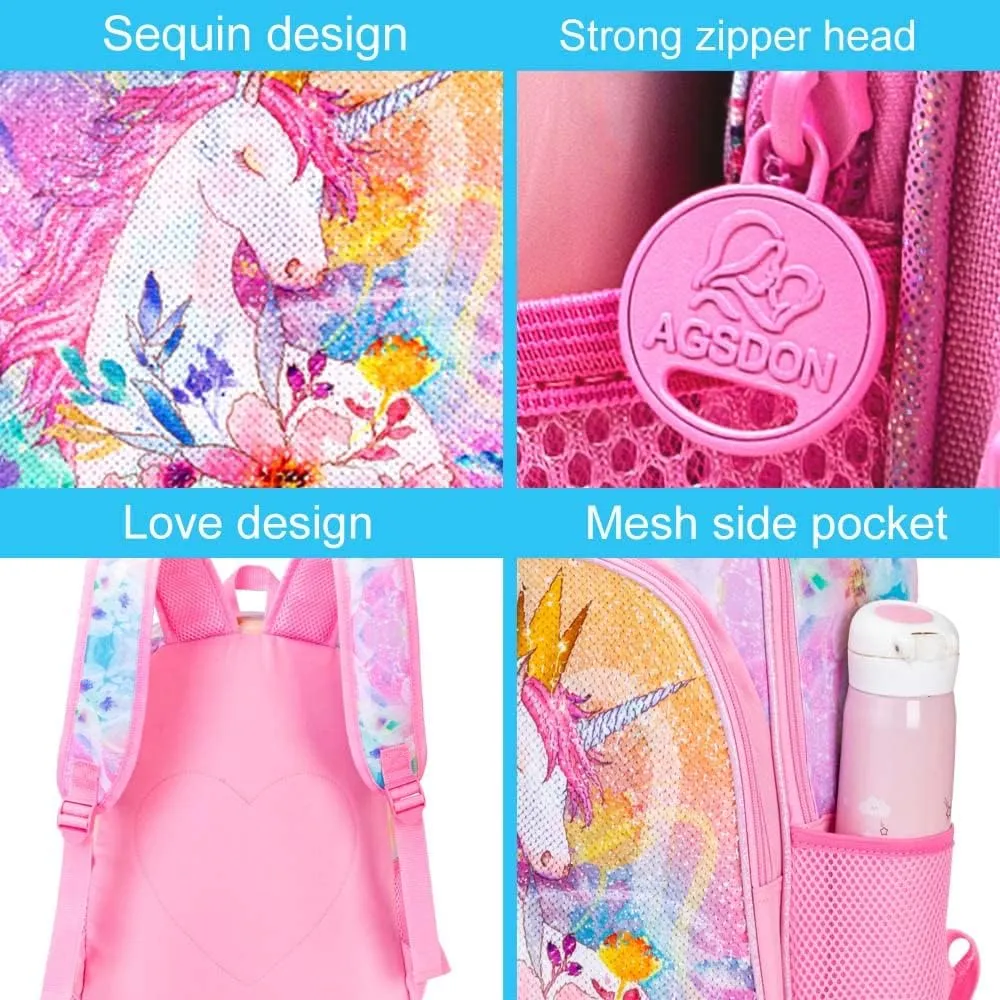 CCJPX 3PCS Unicorn Backpack for Girls, 16Kids Preschool Sequin Bookbag and Lunch Box for Kindergarten Elementary