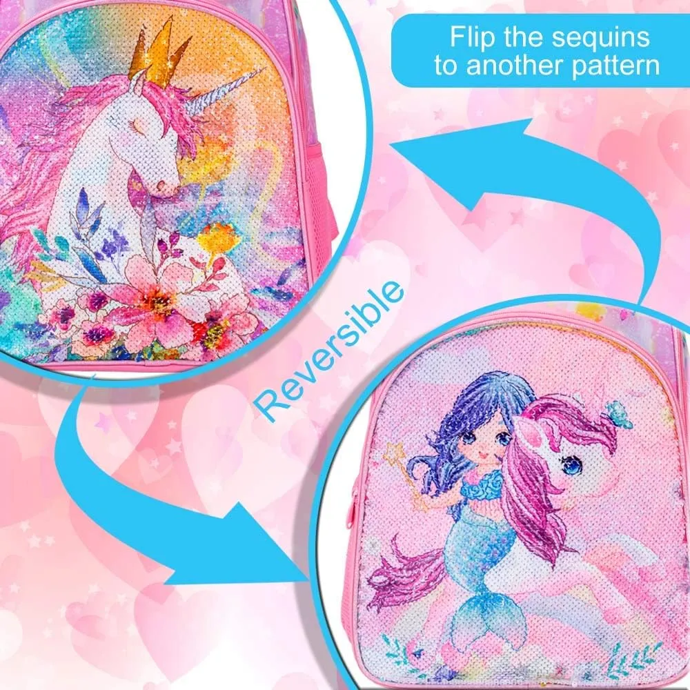 CCJPX 3PCS Unicorn Backpack for Girls, 16Kids Preschool Sequin Bookbag and Lunch Box for Kindergarten Elementary