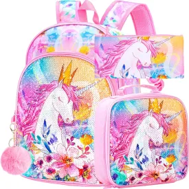 CCJPX 3PCS Unicorn Backpack for Girls, 16Kids Preschool Sequin Bookbag and Lunch Box for Kindergarten Elementary