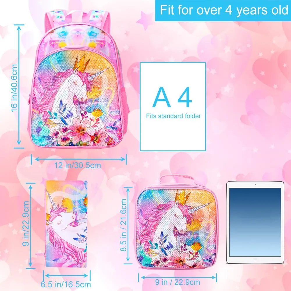 CCJPX 3PCS Unicorn Backpack for Girls, 16Kids Preschool Sequin Bookbag and Lunch Box for Kindergarten Elementary