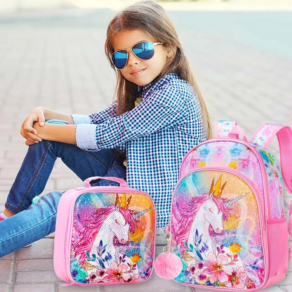 CCJPX 3PCS Unicorn Backpack for Girls, 16Kids Preschool Sequin Bookbag and Lunch Box for Kindergarten Elementary