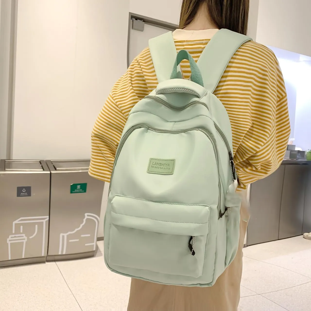 Cute Aesthetic Backpack for Girls,Kawaii Backpack for School, College Bookbag for Teens Women with Bear Pendant and Pins, Green