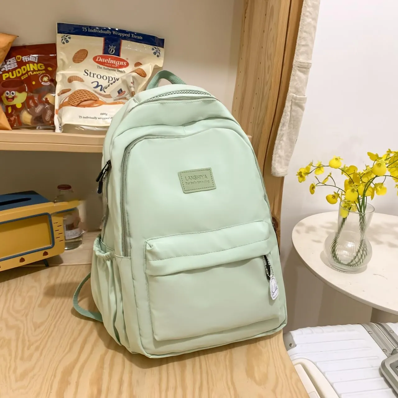 Cute Aesthetic Backpack for Girls,Kawaii Backpack for School, College Bookbag for Teens Women with Bear Pendant and Pins, Green