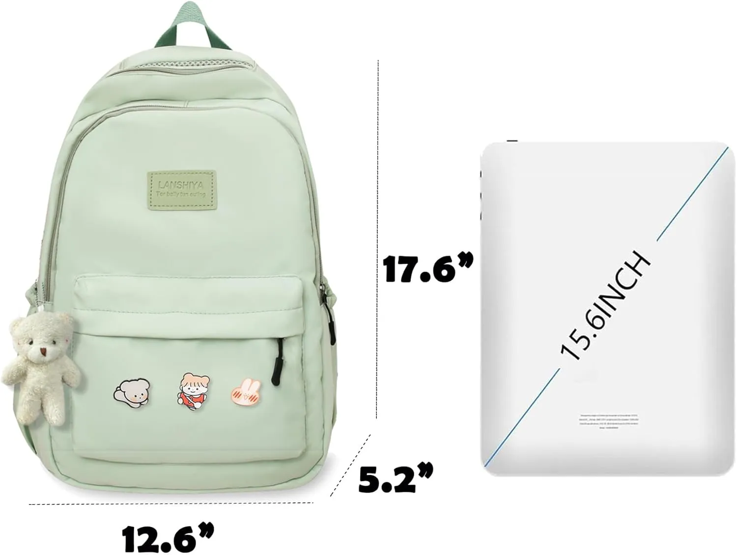 Cute Aesthetic Backpack for Girls,Kawaii Backpack for School, College Bookbag for Teens Women with Bear Pendant and Pins, Green