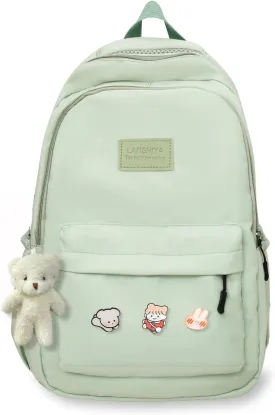 Cute Aesthetic Backpack for Girls,Kawaii Backpack for School, College Bookbag for Teens Women with Bear Pendant and Pins, Green
