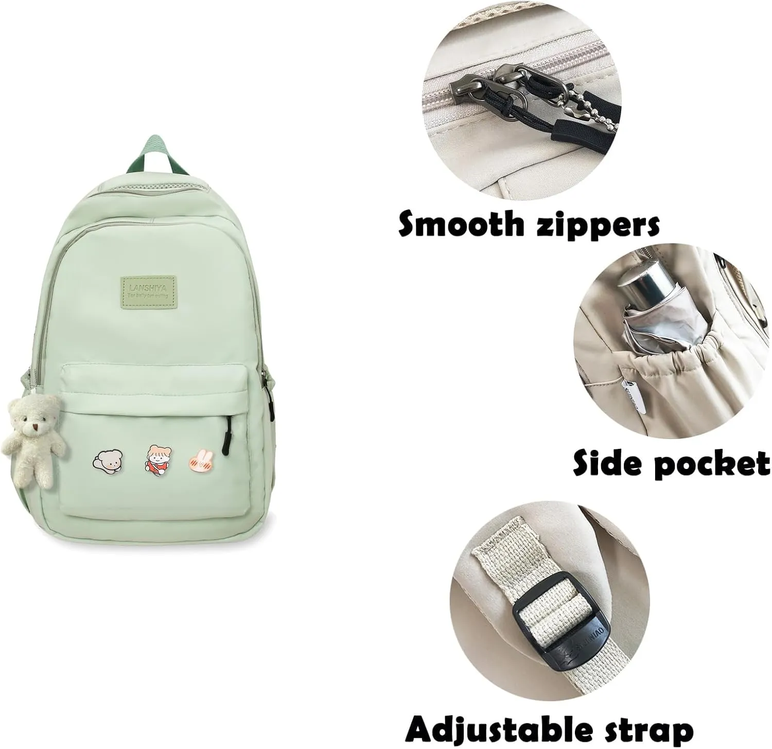 Cute Aesthetic Backpack for Girls,Kawaii Backpack for School, College Bookbag for Teens Women with Bear Pendant and Pins, Green