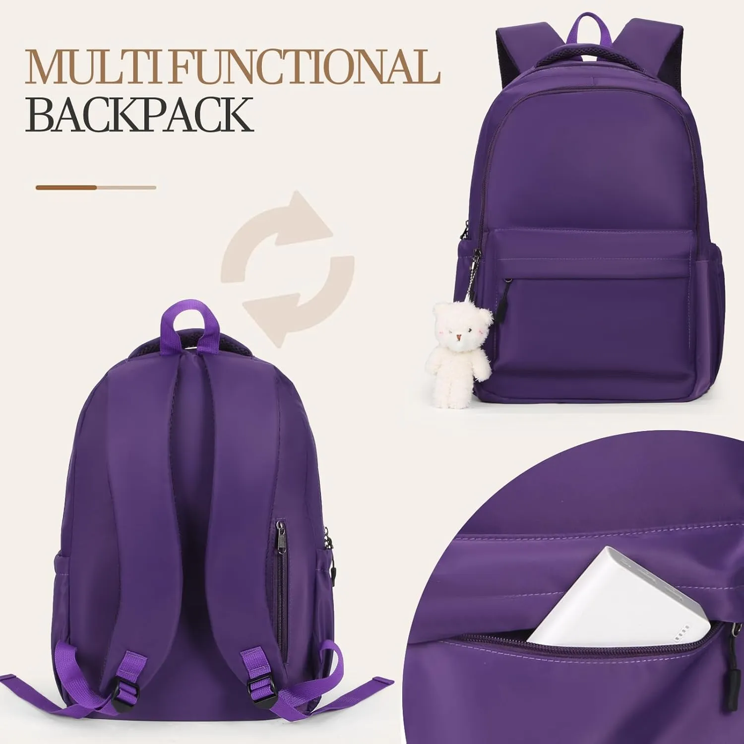 Cute Aesthetic Backpack for Girls,Kawaii Backpack for School, College Bookbag for Teens Women with Bear Pendant and Pins, Purple