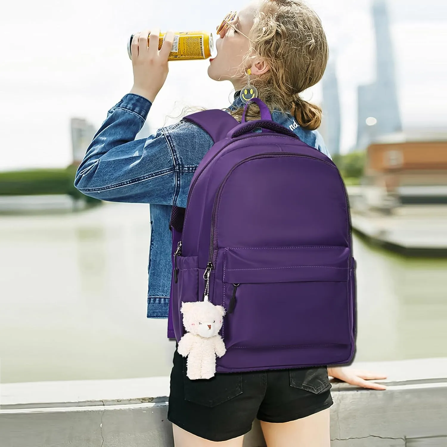 Cute Aesthetic Backpack for Girls,Kawaii Backpack for School, College Bookbag for Teens Women with Bear Pendant and Pins, Purple