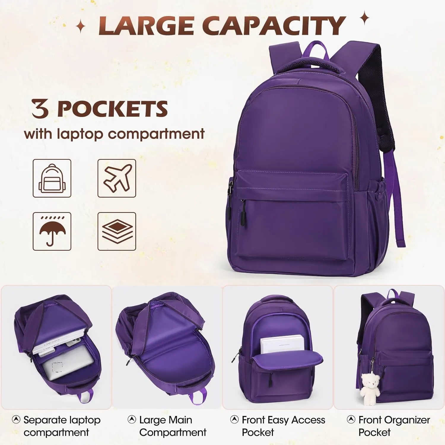 Cute Aesthetic Backpack for Girls,Kawaii Backpack for School, College Bookbag for Teens Women with Bear Pendant and Pins, Purple
